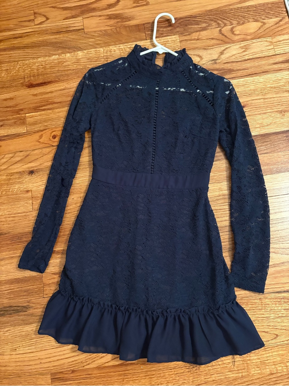 B Darlin Navy Lace Ruffle Hem Long-Sleeve Dress